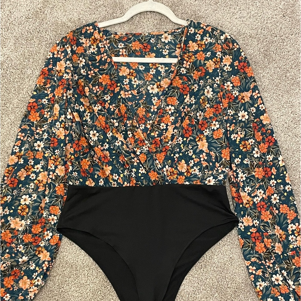 Floral, deep cut, bodysuit